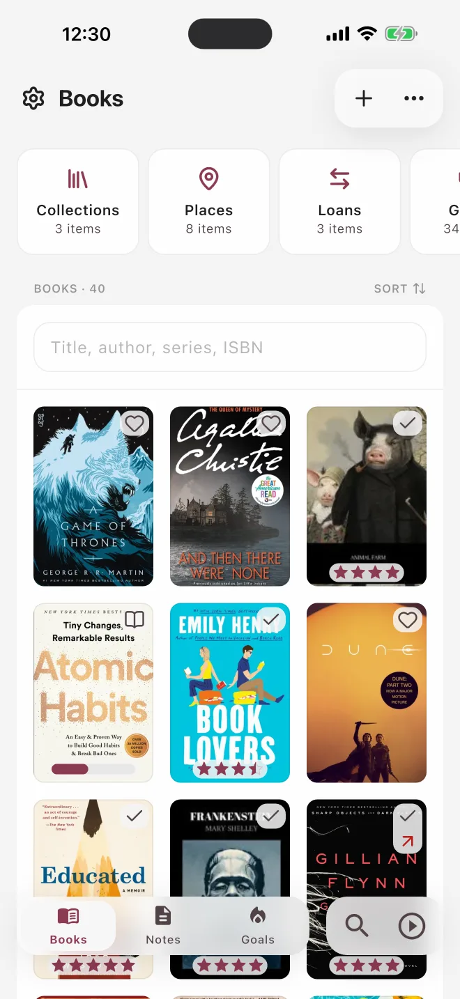 A home library shown as a grid of book covers