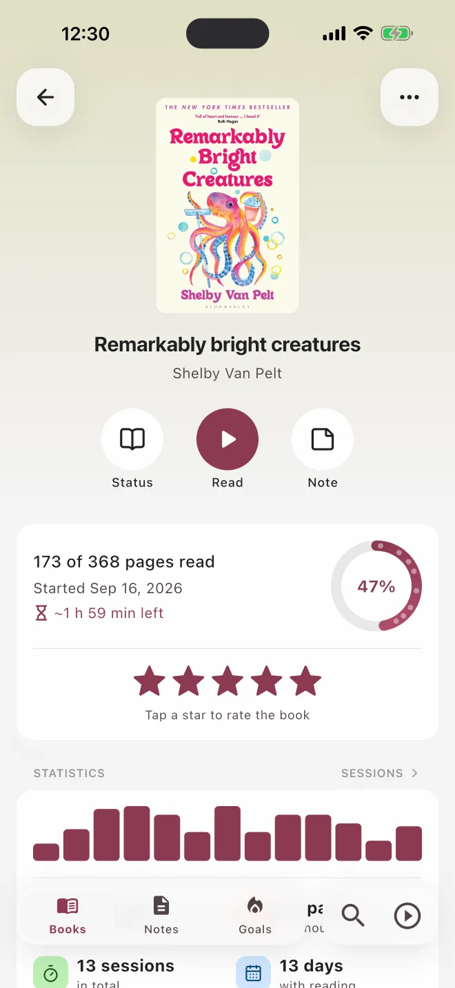 A book page with reading progress and the time left