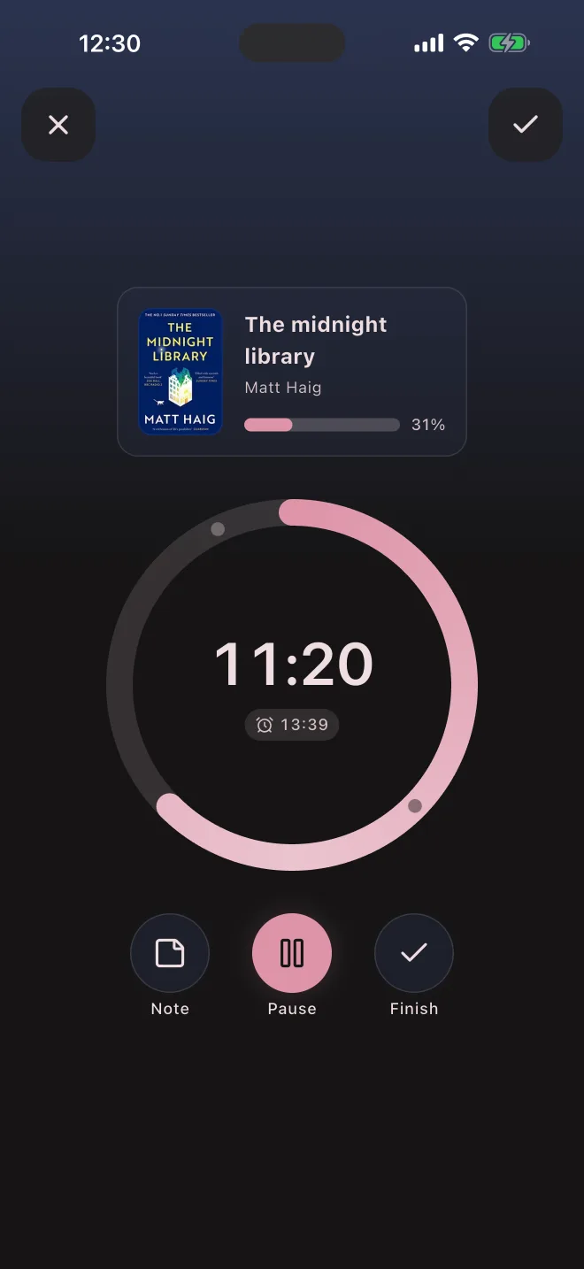 A reading session timer with the daily goal ring