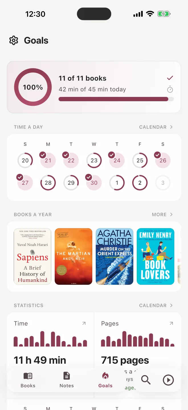 Reading goals with a calendar of reading days