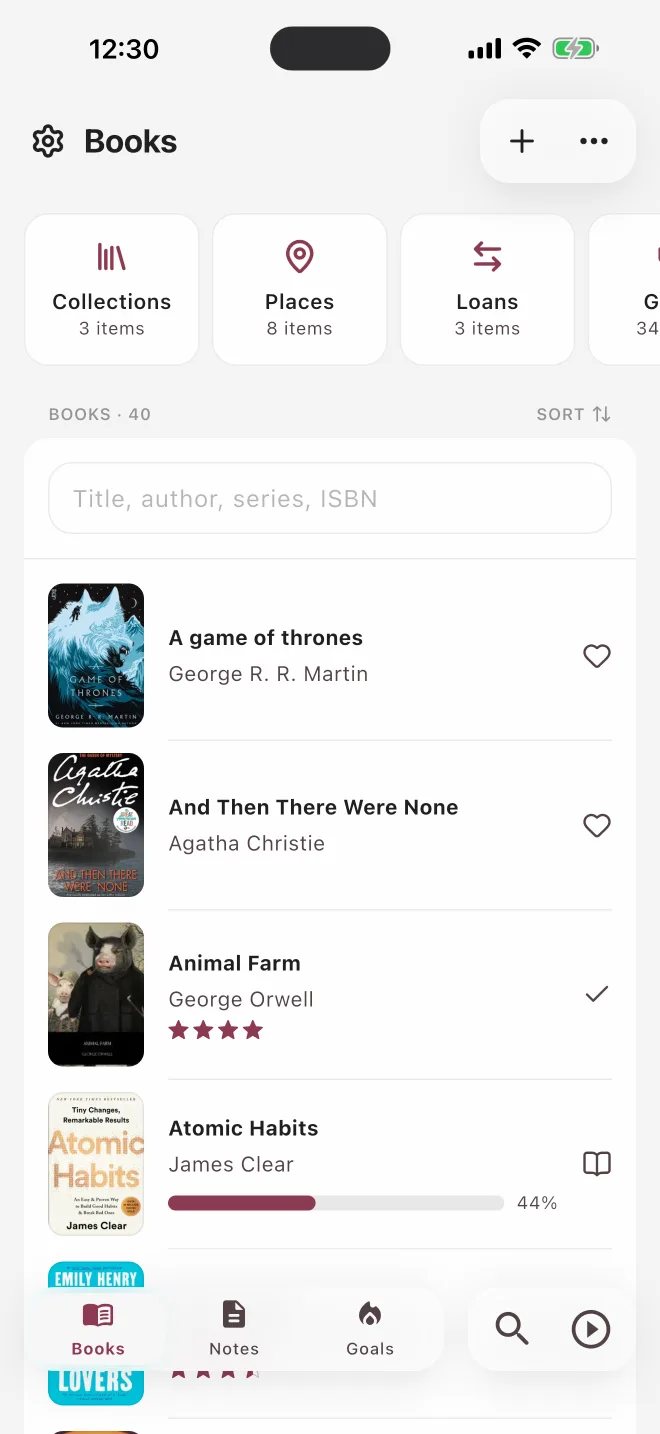 A home library as a list with authors, ratings and reading progress