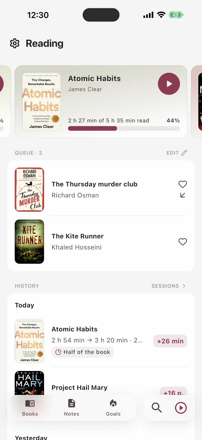 Current reads, the reading queue and session history